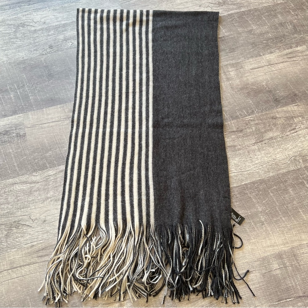 Anthropologie Oversized Blanket Scarf Gray Cream Striped Fringe Winter Wrap